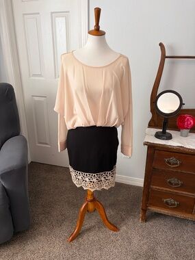Forever 21 cream sheet Top with Black Skirt combo dress with Cream Lace Hem